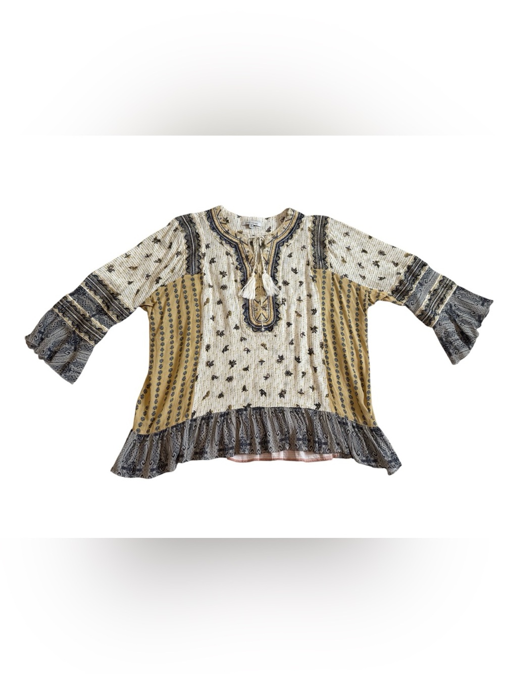 John Mark Lightweight Floral Boho Rayon Top in Mustard and Blue Size Small